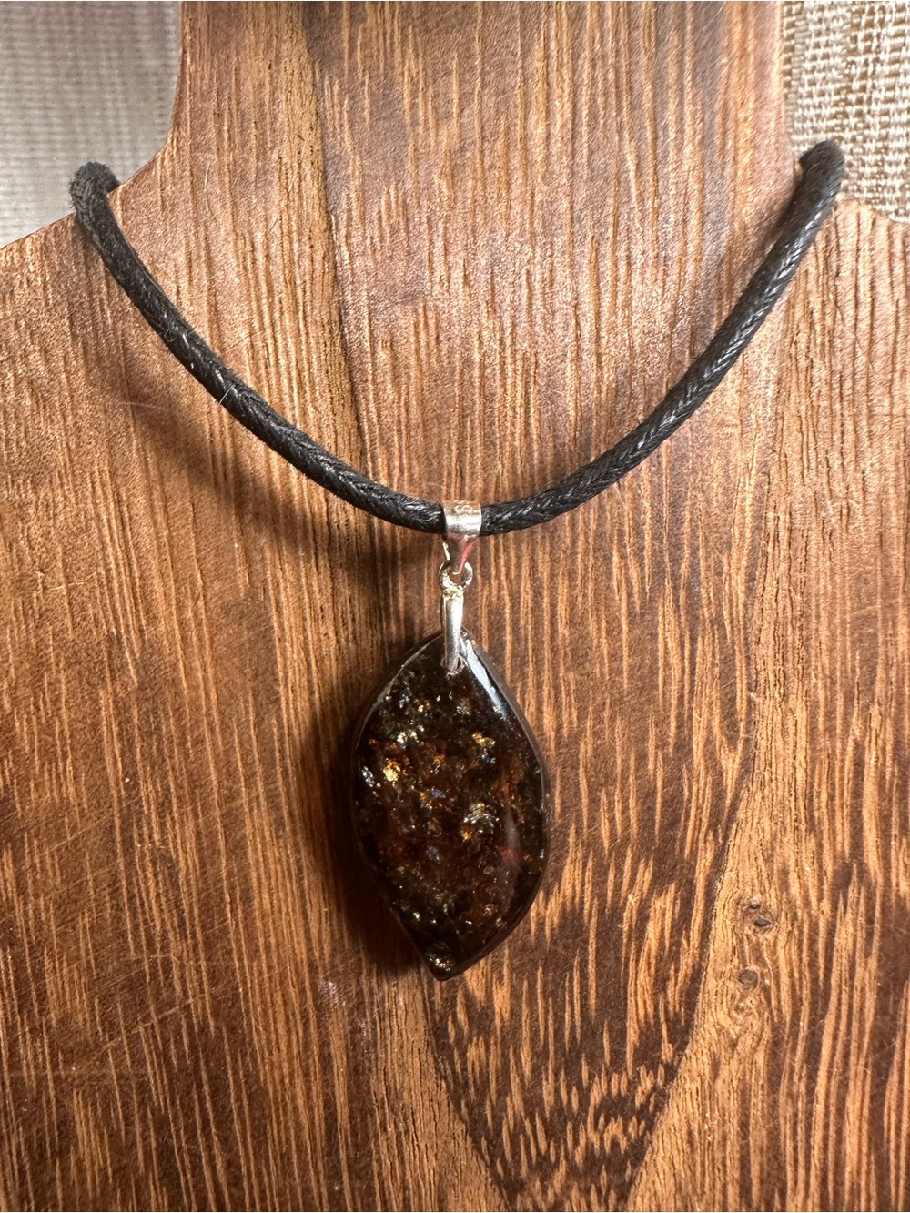 Bronzite Leaf Shaped Pendant Necklace with Sterling Silver Bail on Black Rope